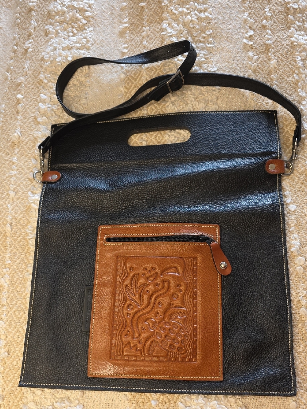 Black Tote Bag with Brown Embossed Front Pocket